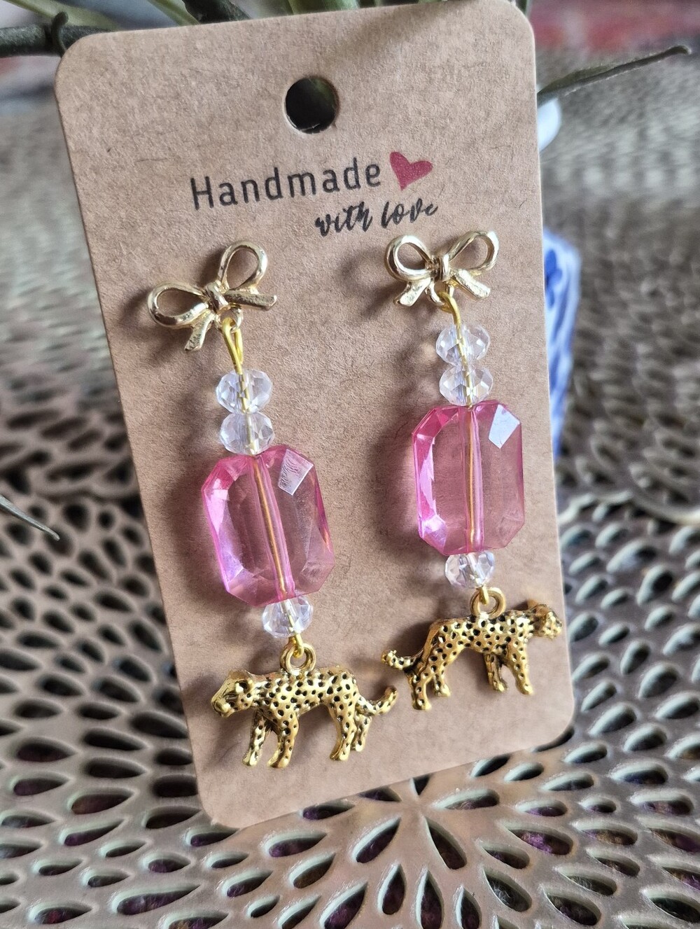 Handmade Pink Crystal Bow Earrings with Gold Leopard Charm